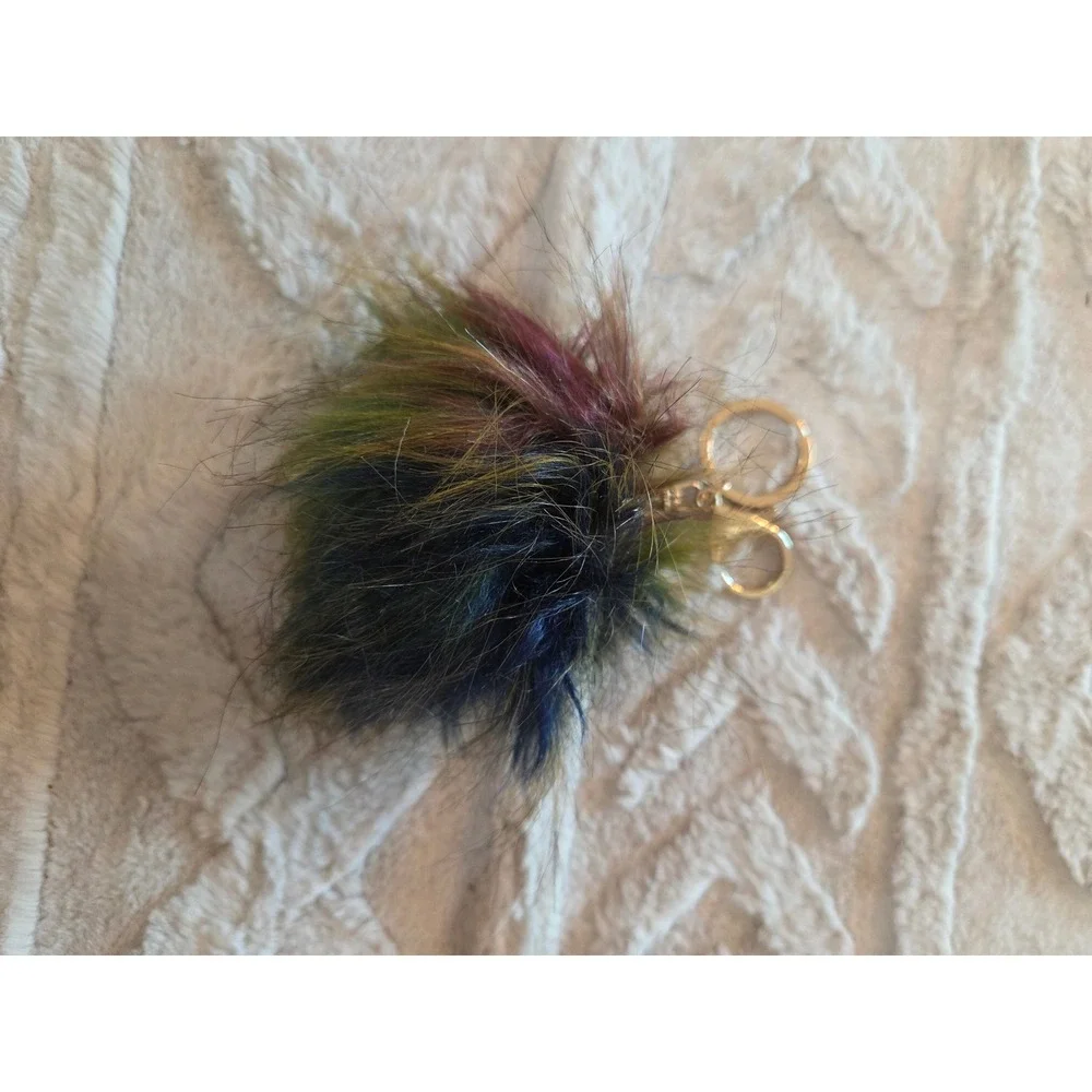 Set of 6 Faux Fur Pom Pom Keychains Gold Tone Clasp Bag Charms Multi Color